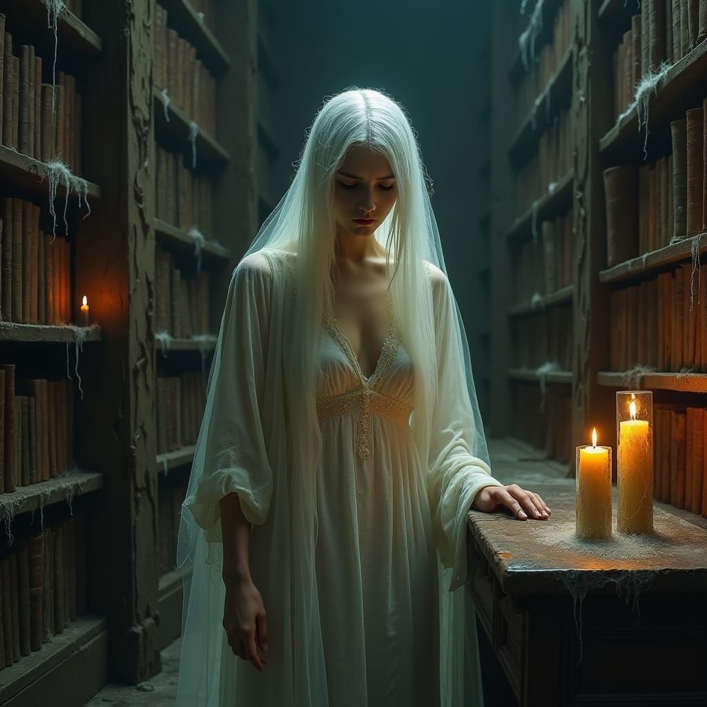 Translucent Ghost in Old Library, Atmospheric Oil Painting