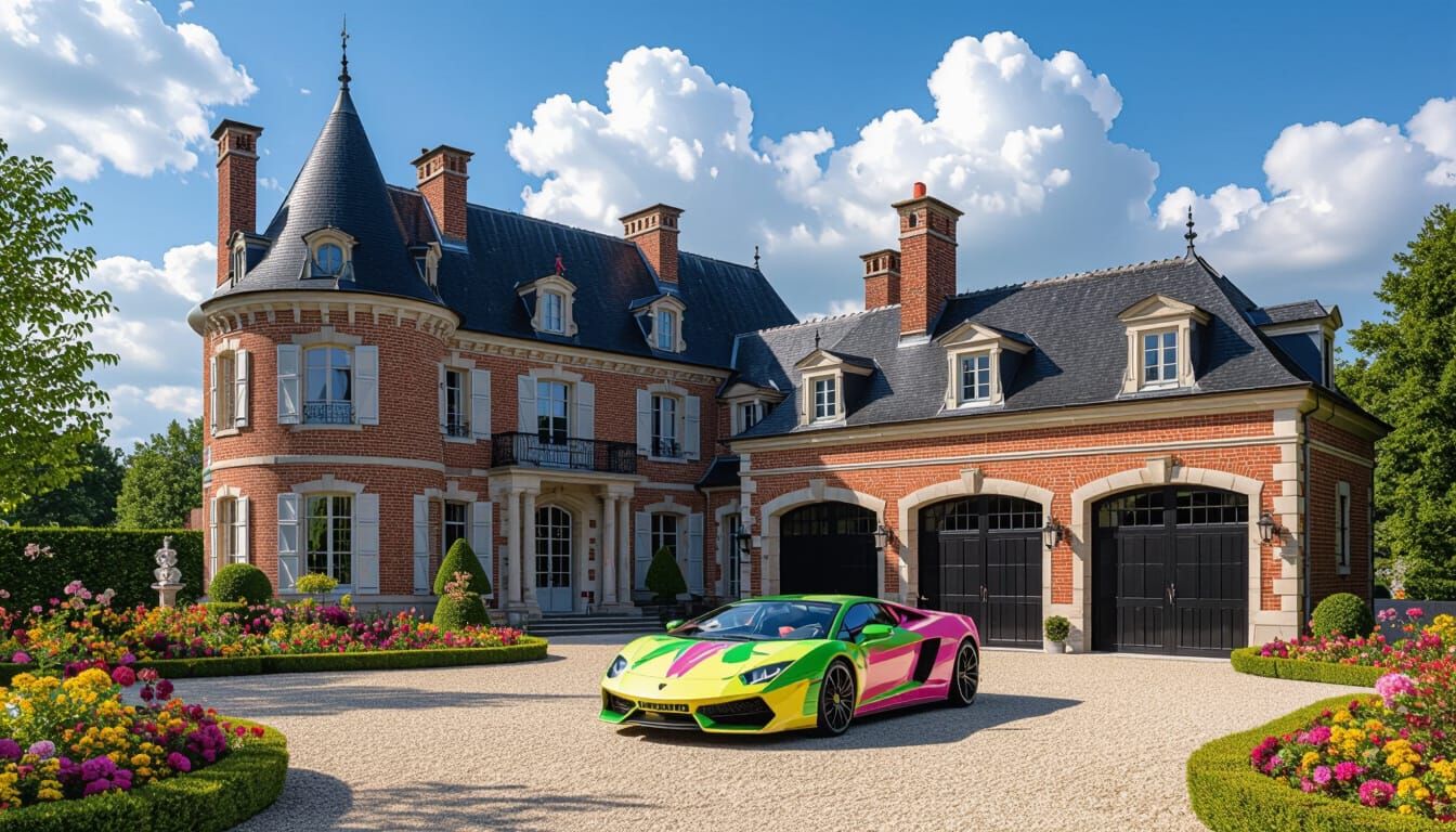 Grand Chateau with Sportscar in Flower Garden
