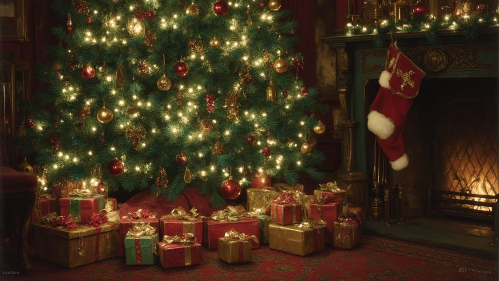 Ornate Christmas Tree with Gifts in Cozy Living Room
