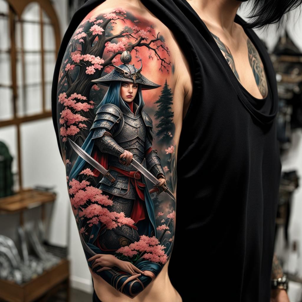 photorealistic image that combines the elements of medieval and sci-fi in a traditional Japanese tattoo art style. Set t...