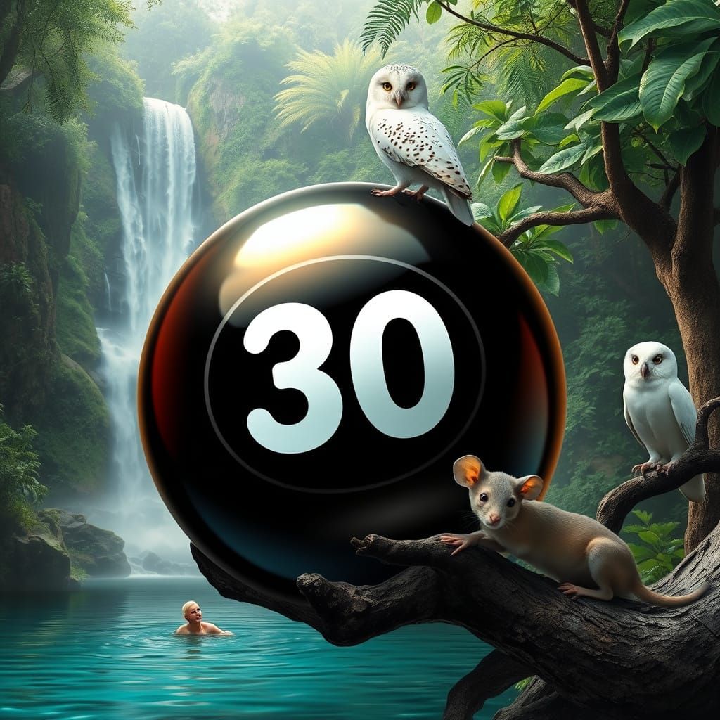 Iridescent Bingo Ball in Ancient Jungle Scene