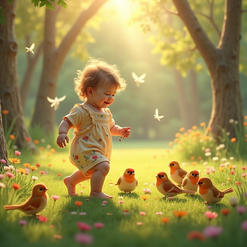 Joyful Toddler Surrounded by Finch Birds in a Vibrant Park S...