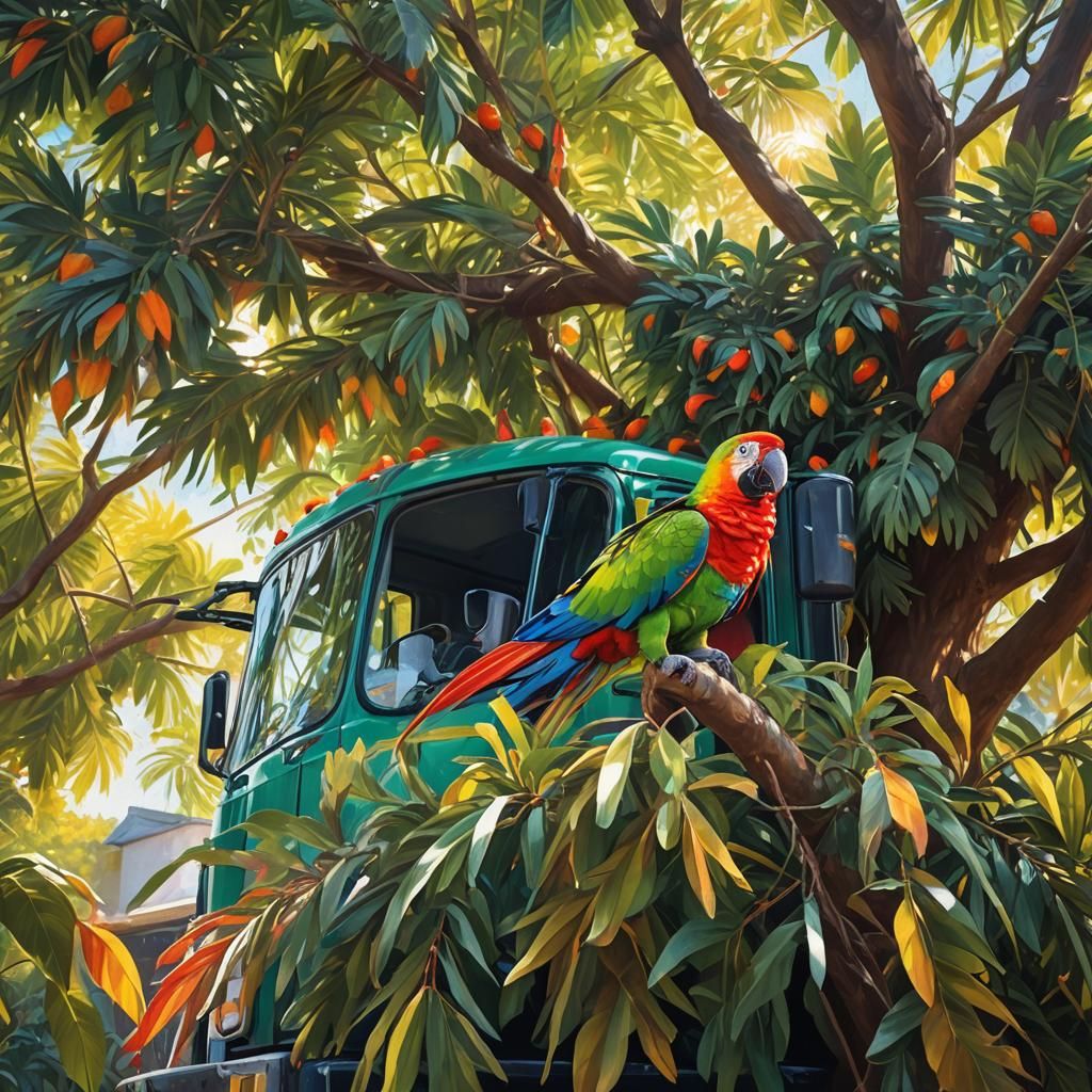 Parrot in Truck: Abstract Expressionist Oil Painting