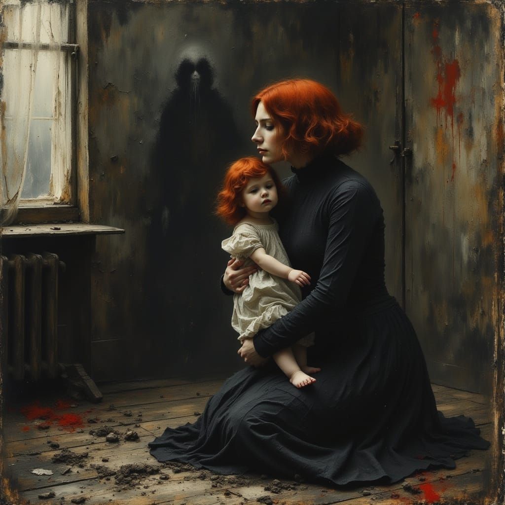 Victorian Mother and Child in Dark Oil Painting Style