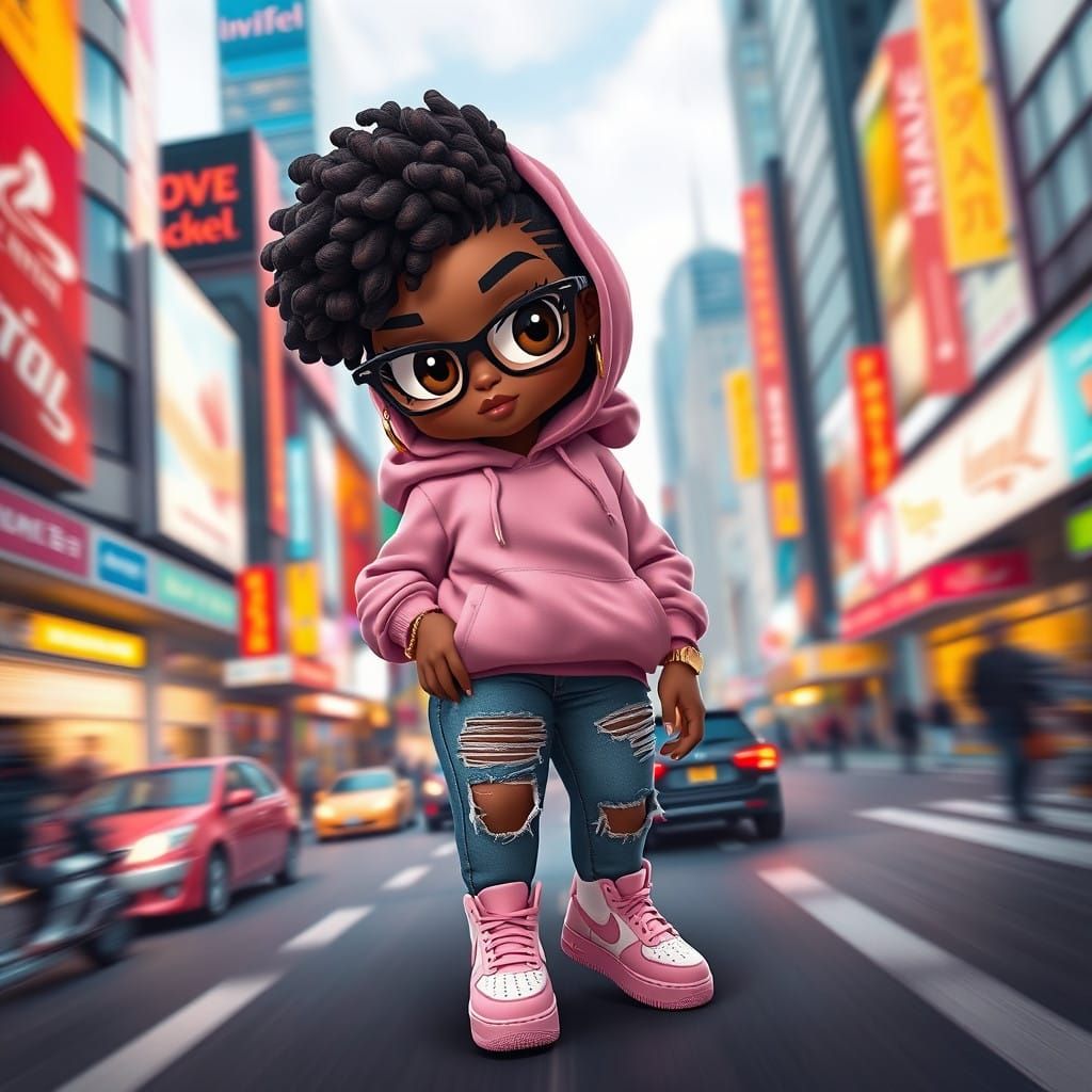 Hyper-Realistic Chibi Woman in Urban Cityscape