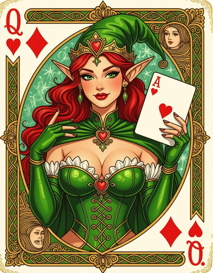 Elf Queen Heart Card: Detailed Fantasy Engraving