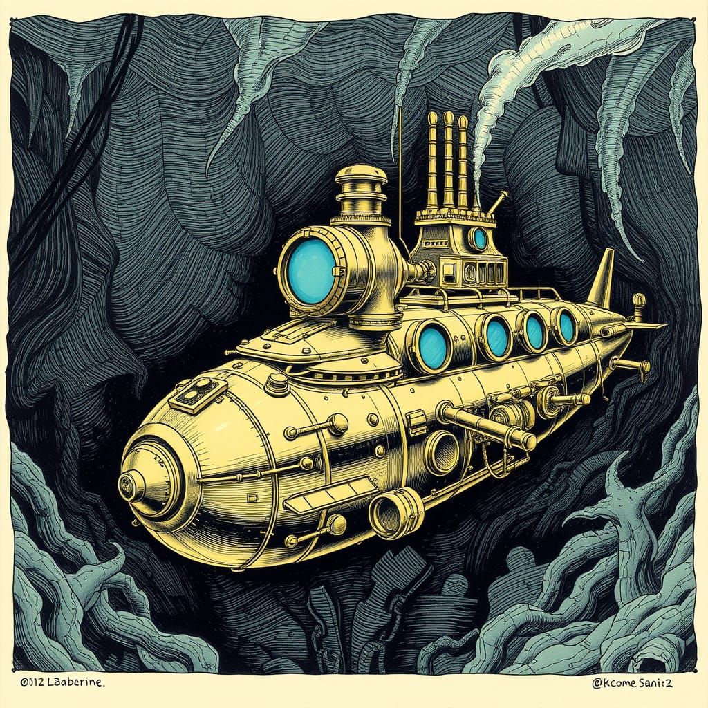 Victorian-Era Chrome Submarine in Eerie Underwater Depths