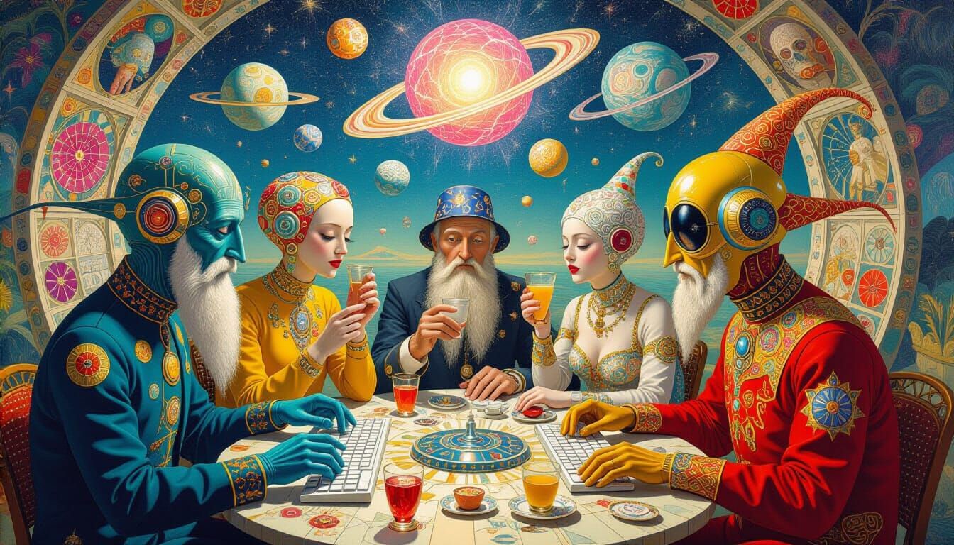 Psychedelic Galaxy Cafe: Bosch-Style Oil Painting
