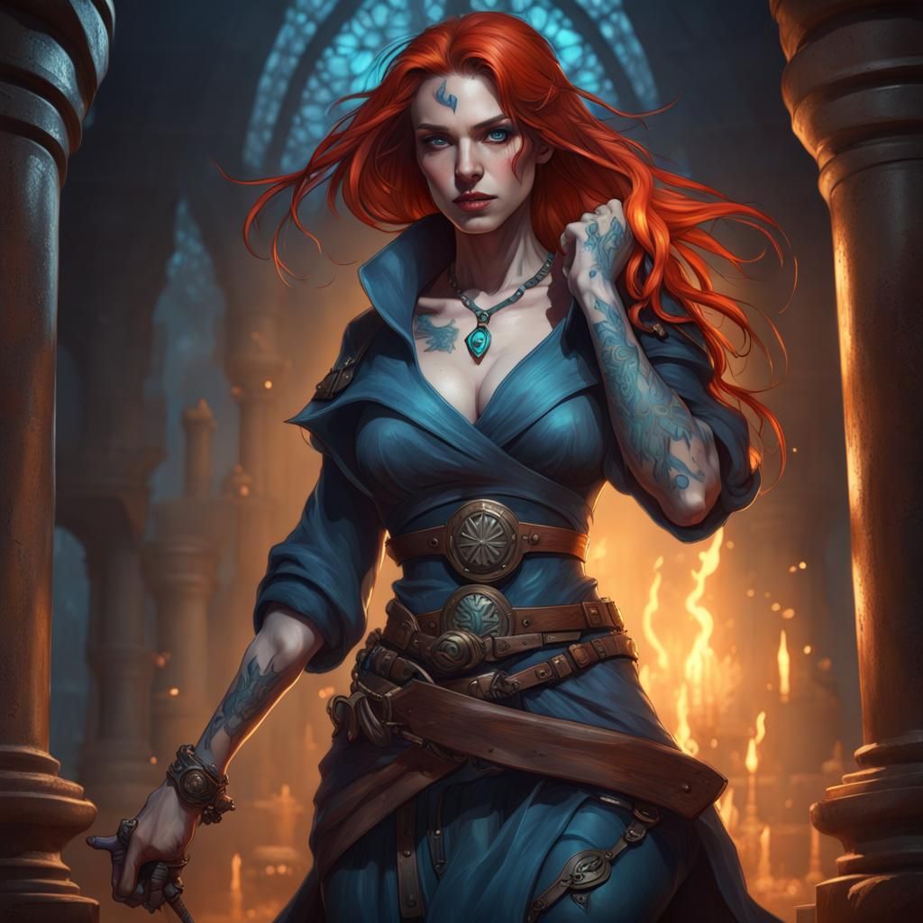 Redhead Warlock with Arcane Tattoos: Hyperdetailed Portrait