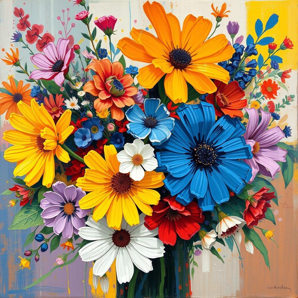 Vibrant Impasto Oil Painting of Expressive Wildflower Bouque...