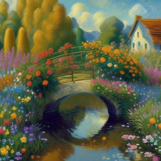 Impressionist Flower Garden with Bridge, Oil Painting