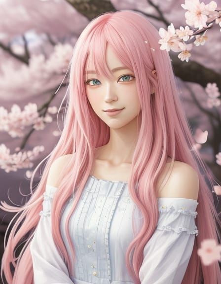 Anime Girl with Pink Hair and Cherry Blossoms