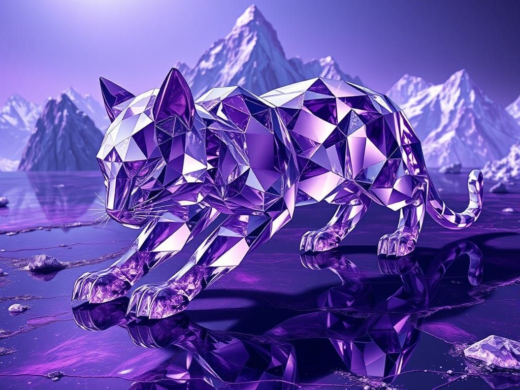 Crystal Feline Form in Amethyst Landscape