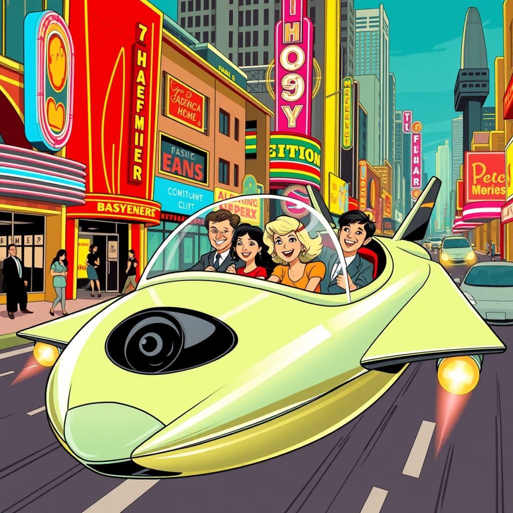 Happy Family Cruises Futuristic City in a Retro-Futuristic F...