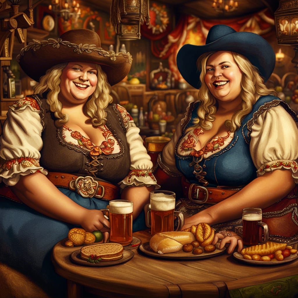 Two Obese Cowgirls Celebrate Oktoberfest as Detailed Paintin...