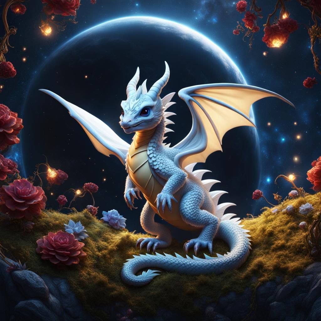Snow White Dragon Floating in the Universe
