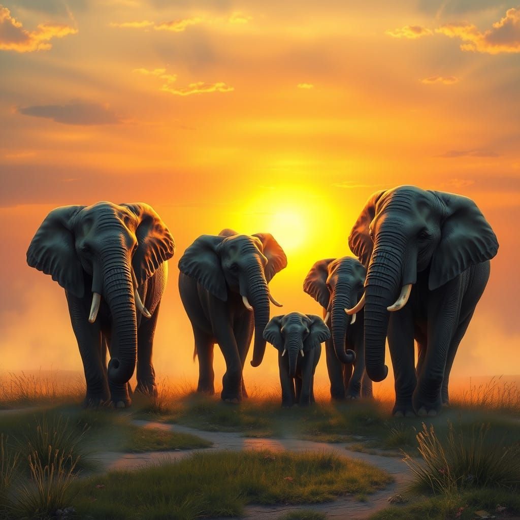 Elephants Gather at Sunset in Serene Savannah Landscape