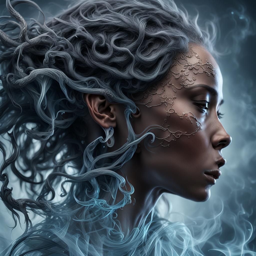 Ghostly Woman in Smoke: 3D Rendered Macro Photo