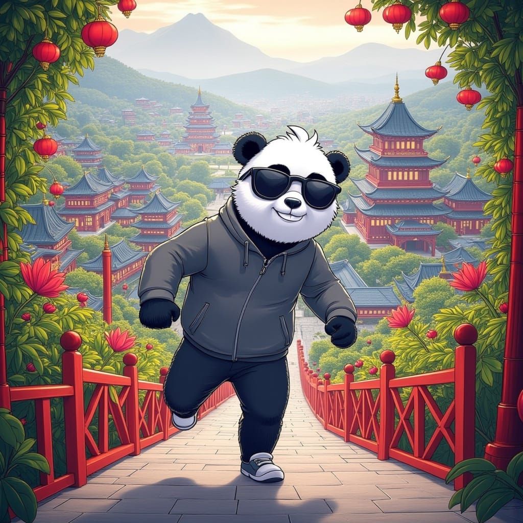Smiling Panda Runs Up Staircase in Vibrant Cityscape