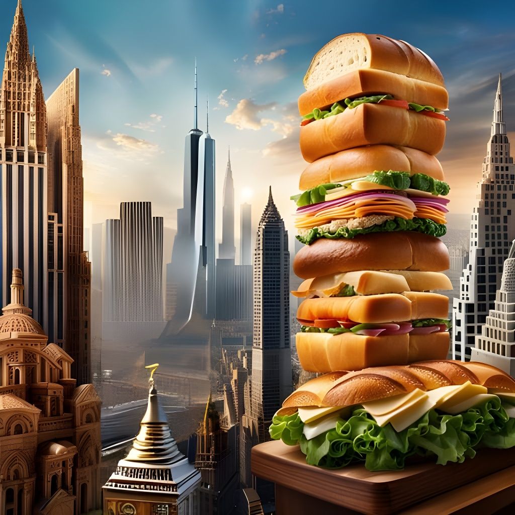 Many Sandwich Towers in a Surreal Cityscape