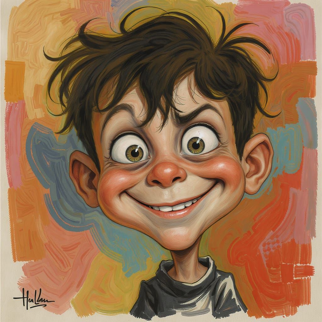Whimsical Cartoon Caricature of a Child with Exaggerated Fea...