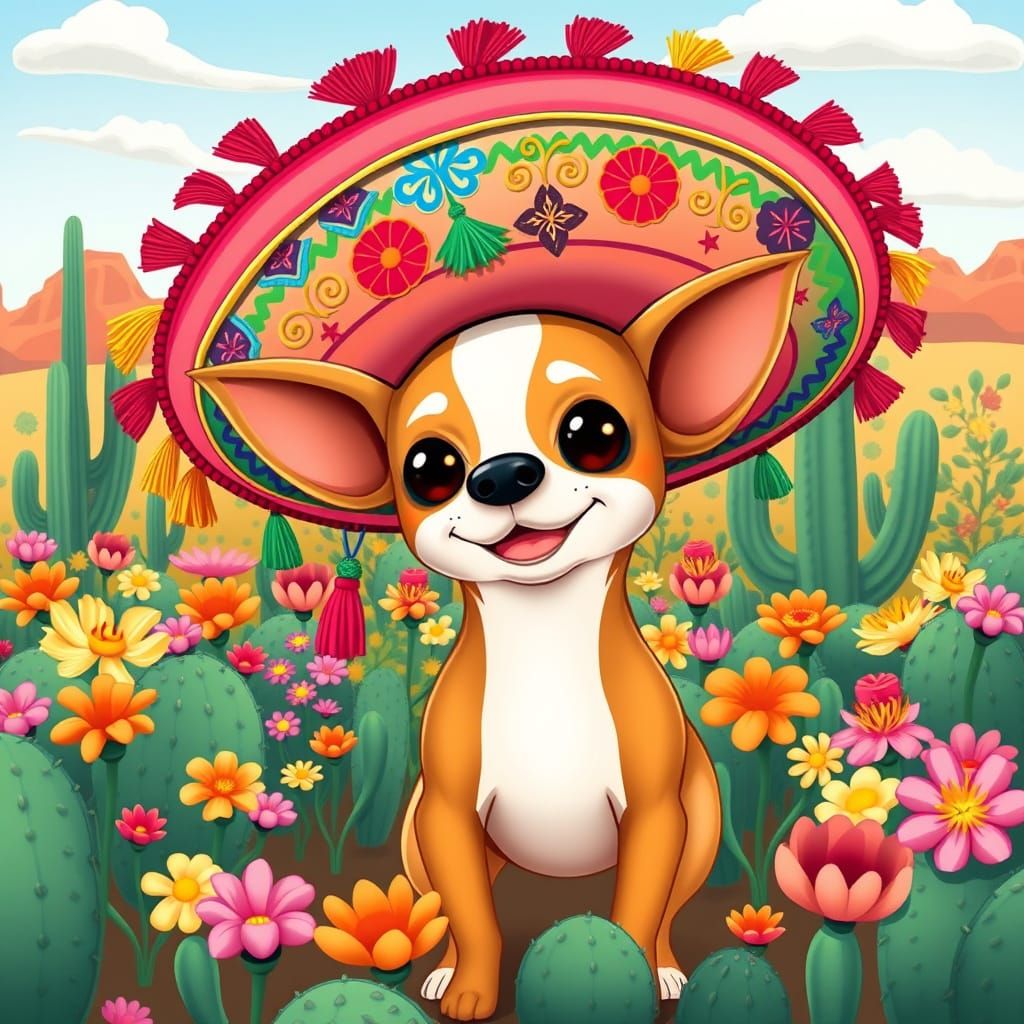 Cartoon Chihuahua in Sombrero, Disney Animation Style