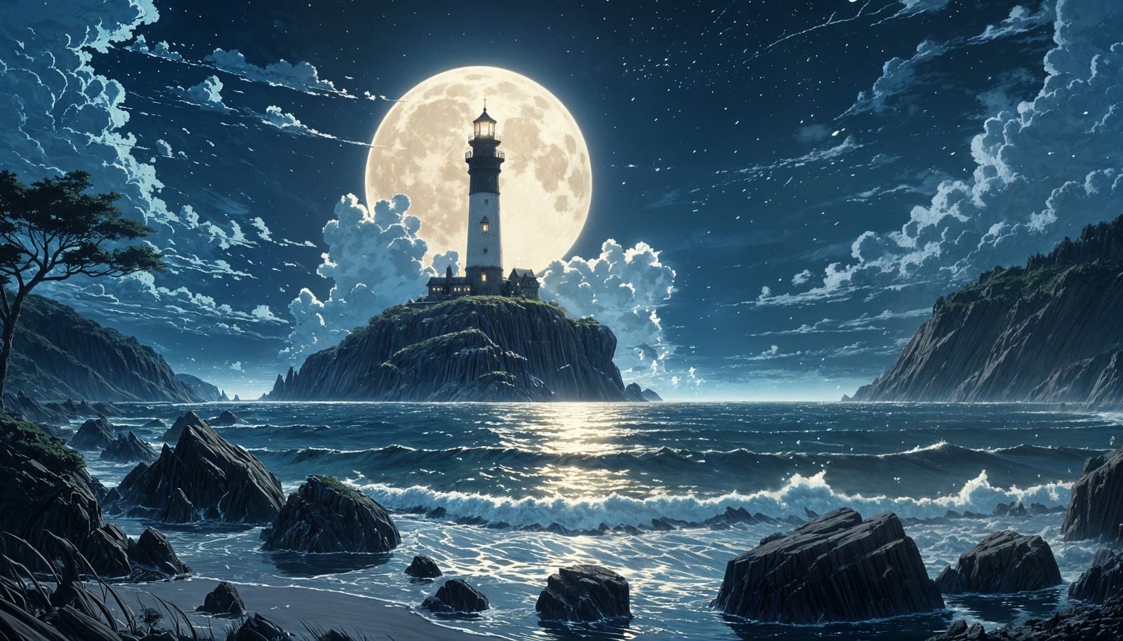Dark Fantasy Lighthouse Under Full Moon