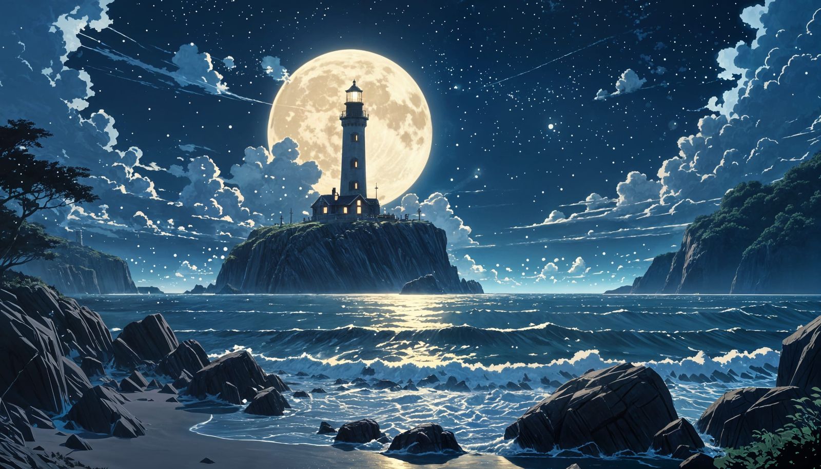 Fantasy Lighthouse Under Full Moon in Anime Style