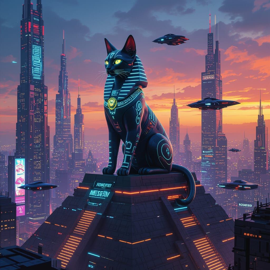 Cyberpunk Cat Sphinx on Futuristic Ziggurat