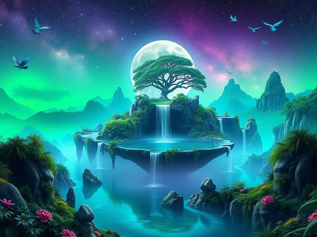 Floating Islands with Bioluminescent Tree in Milky Way Sky