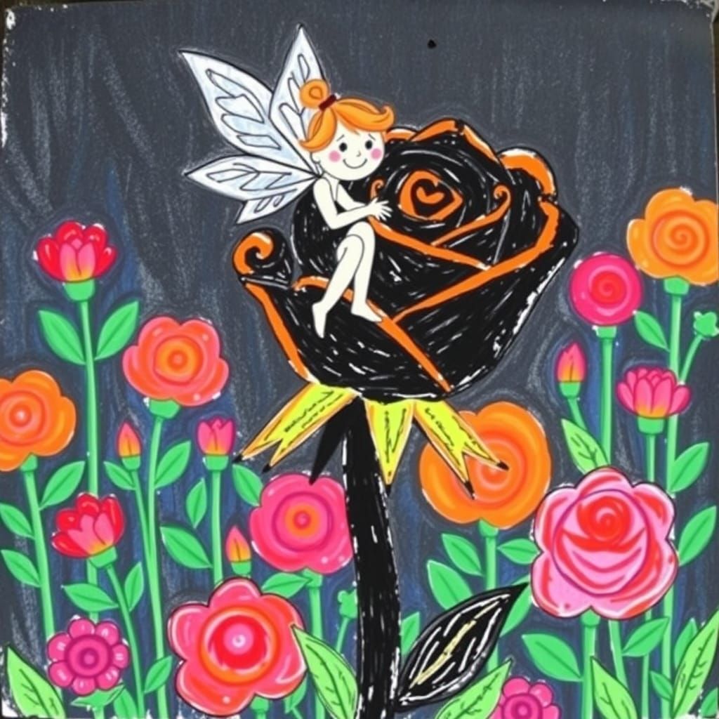 Fairy on Black Rose in Crayon Drawing Style