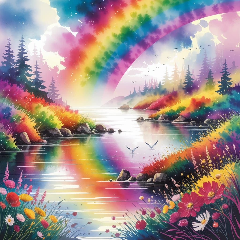 Radiant Rainbow Coastal Scene as Watercolor Art