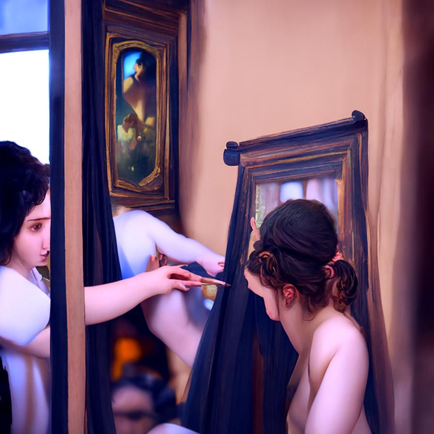 Girl Gazing in Mirror: Bouguereau-Style Art Deco
