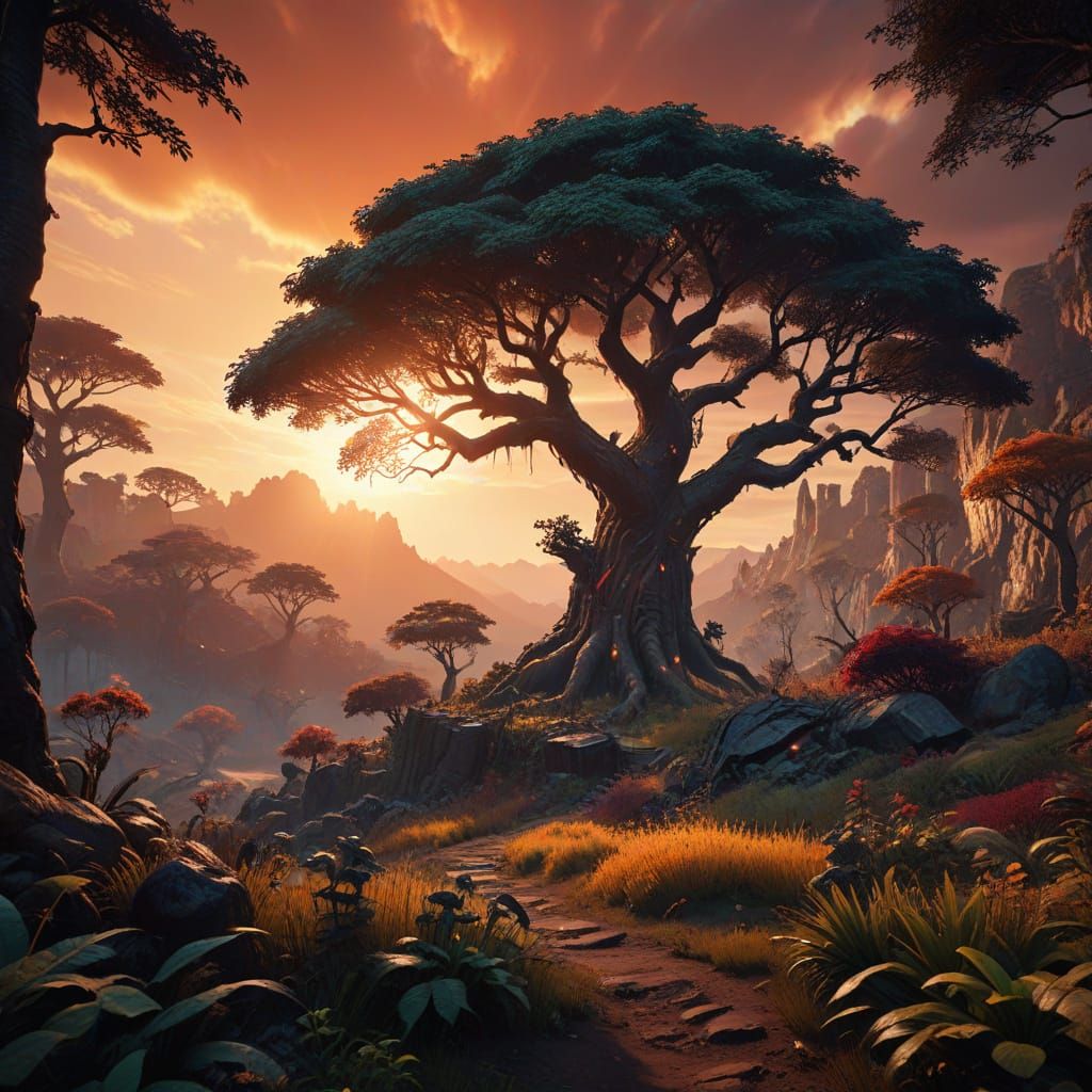 Vibrant Sunset Landscape in Cyberpunk Aesthetic