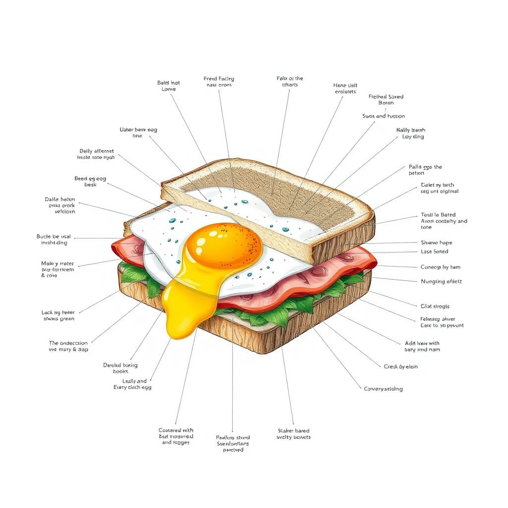 Hyper-Detailed Schematic View of Fried Egg Sandwich