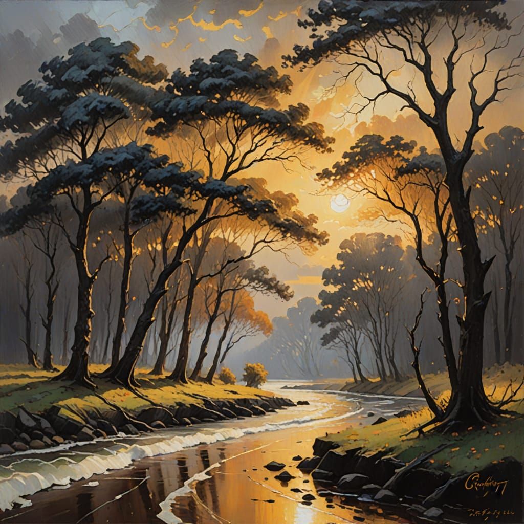Dramatic Trees in Atmospheric Oil Painting Style