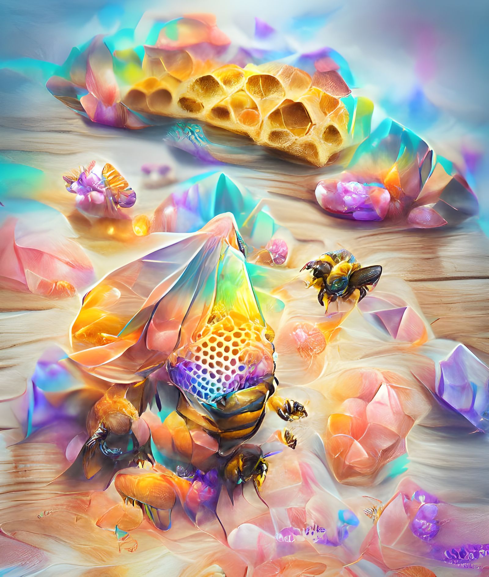 Beautiful glowing pastel watercolor honeycomb with bees 8K 3D trending on Artstation Behance HD Psychedelic iridescent c...