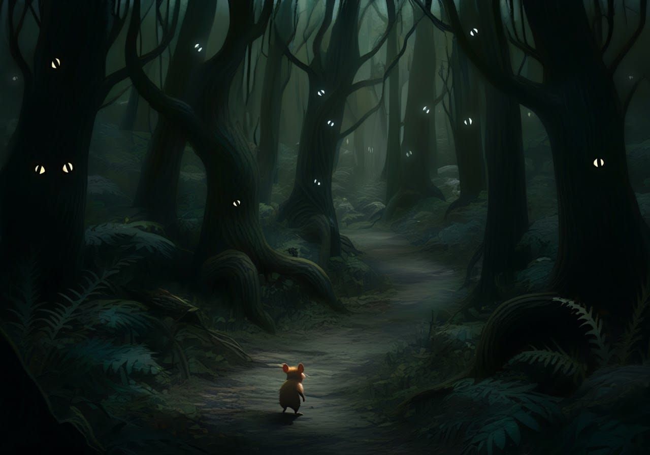 Ominous Forest Path with Glowing Eyes
