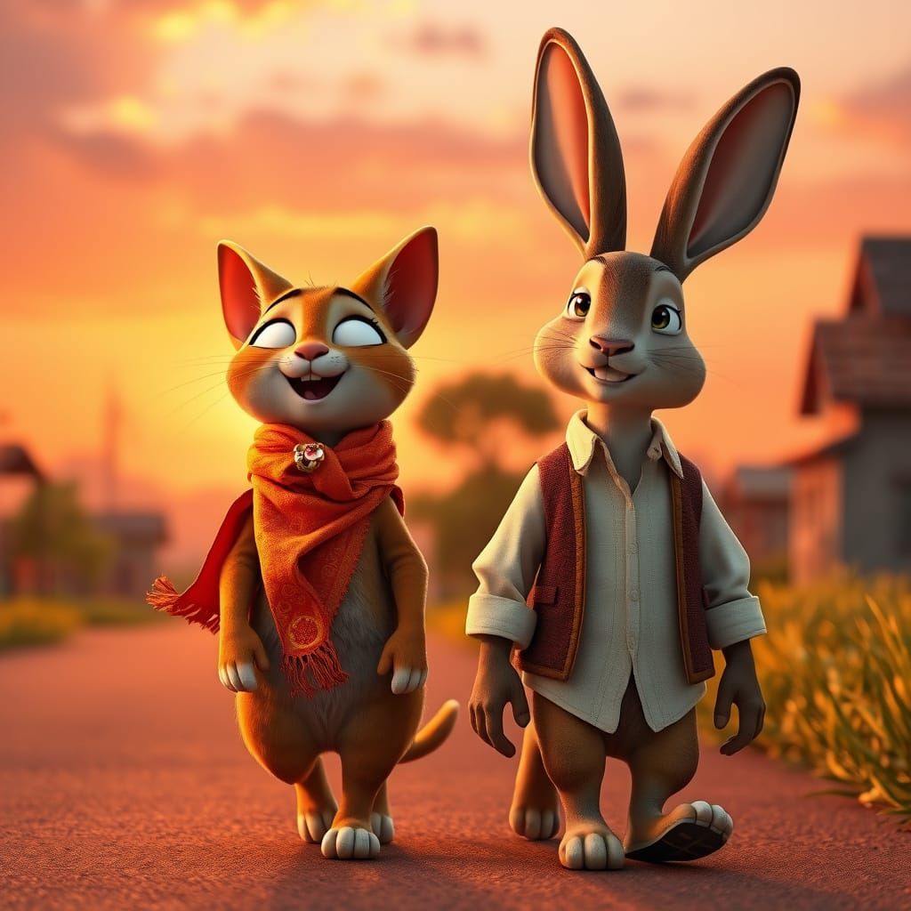 Whimsical Village Evening in Warm Golden Hues