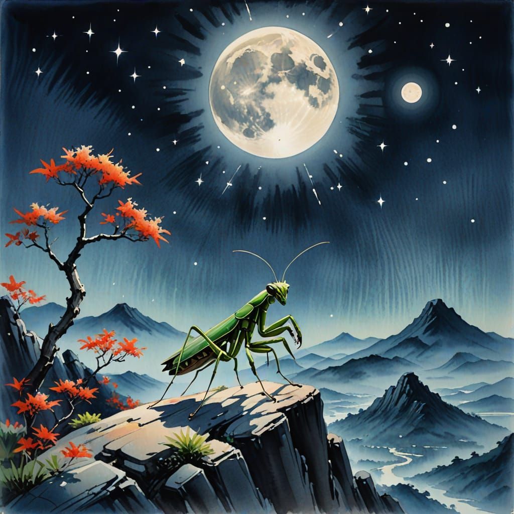 Mantis Gazing at Moon in Sumi-e Style