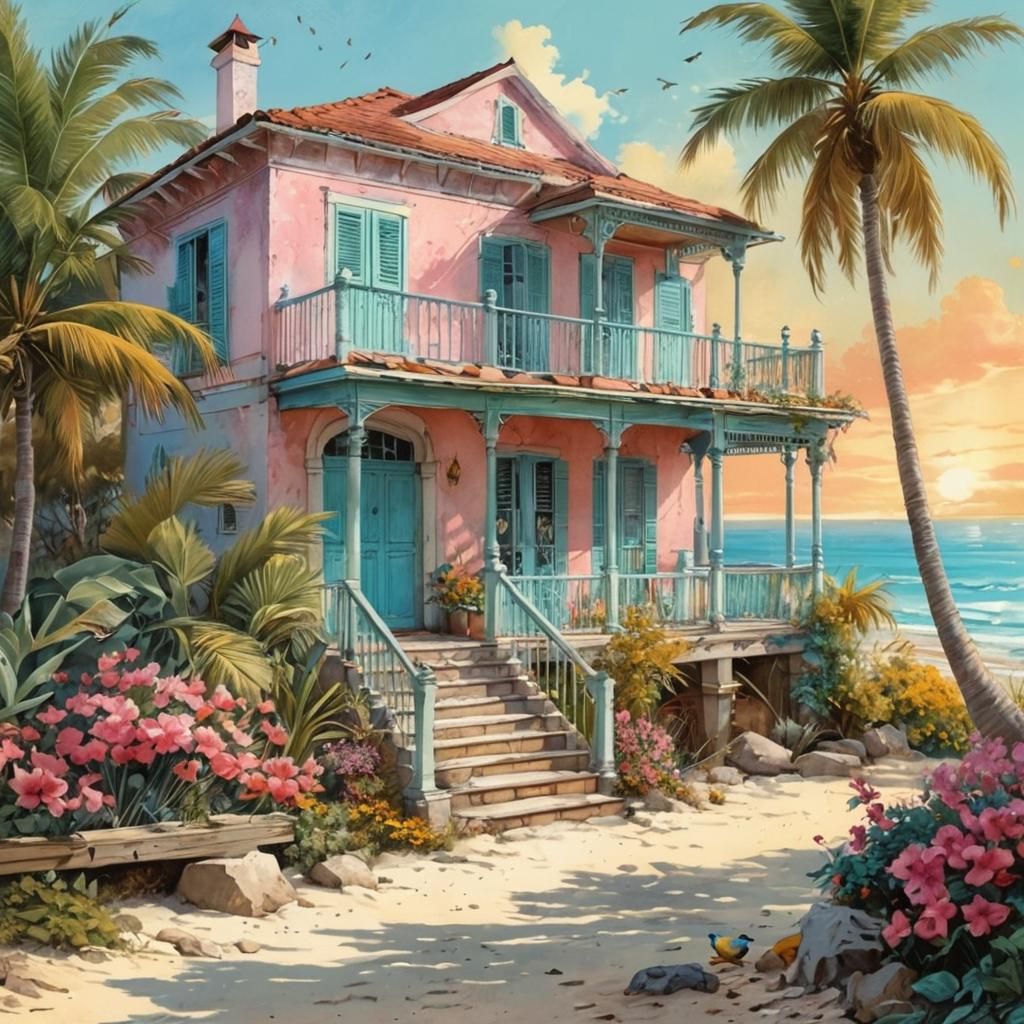 Charming Beach House in Watercolor, Fantastic Realism