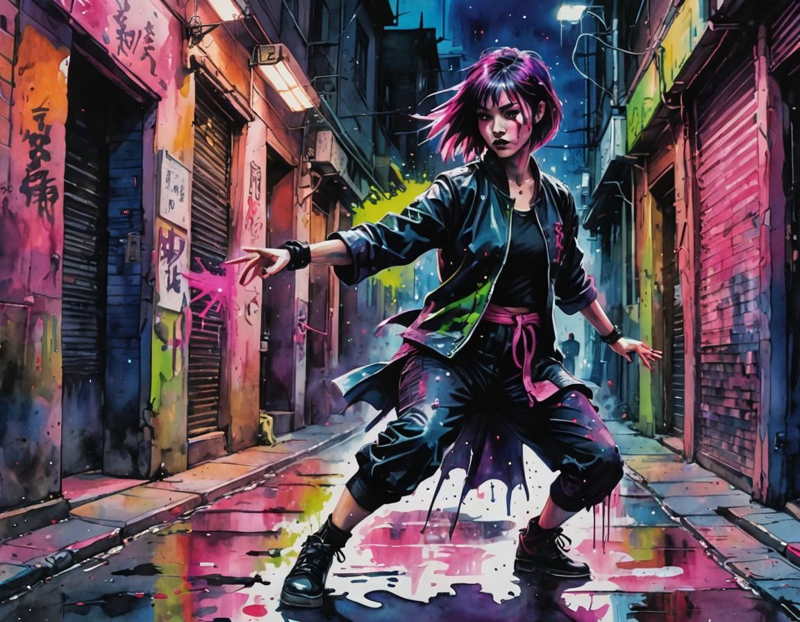 Goth Punk Kung Fu Warrior in Neon Alleyway
