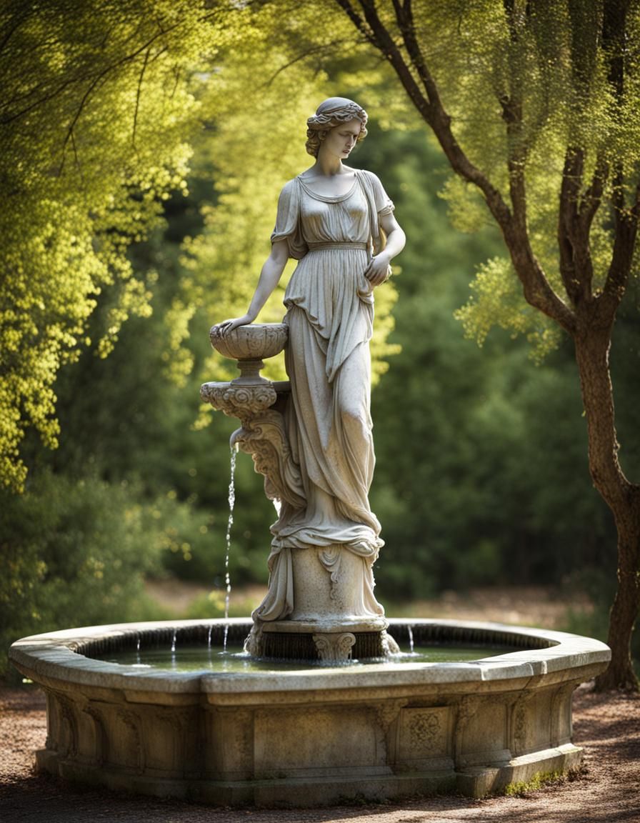 Mysterious Greek Statue in Forest Fountain