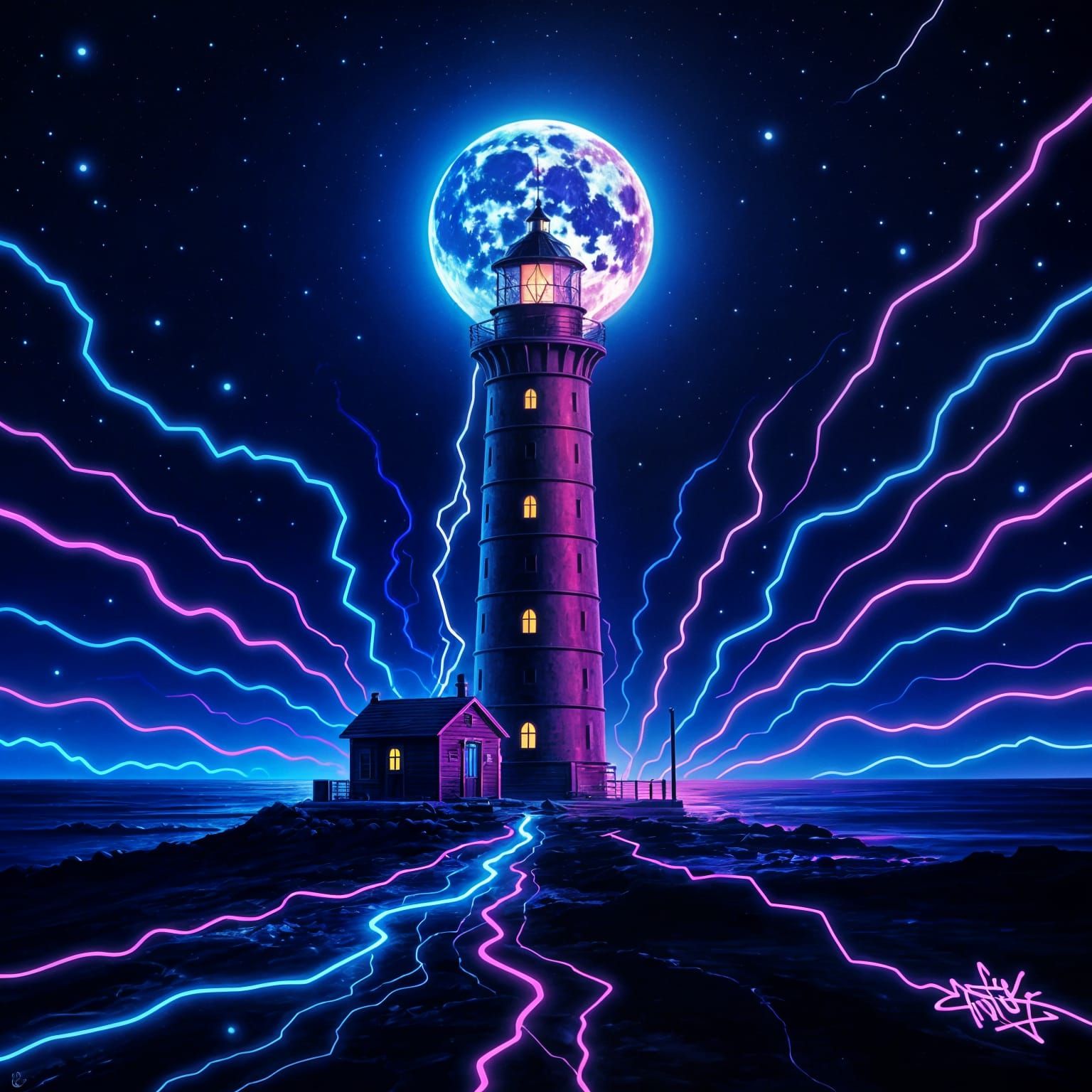 Striking Metal Lighthouse in Graffiti Art Style