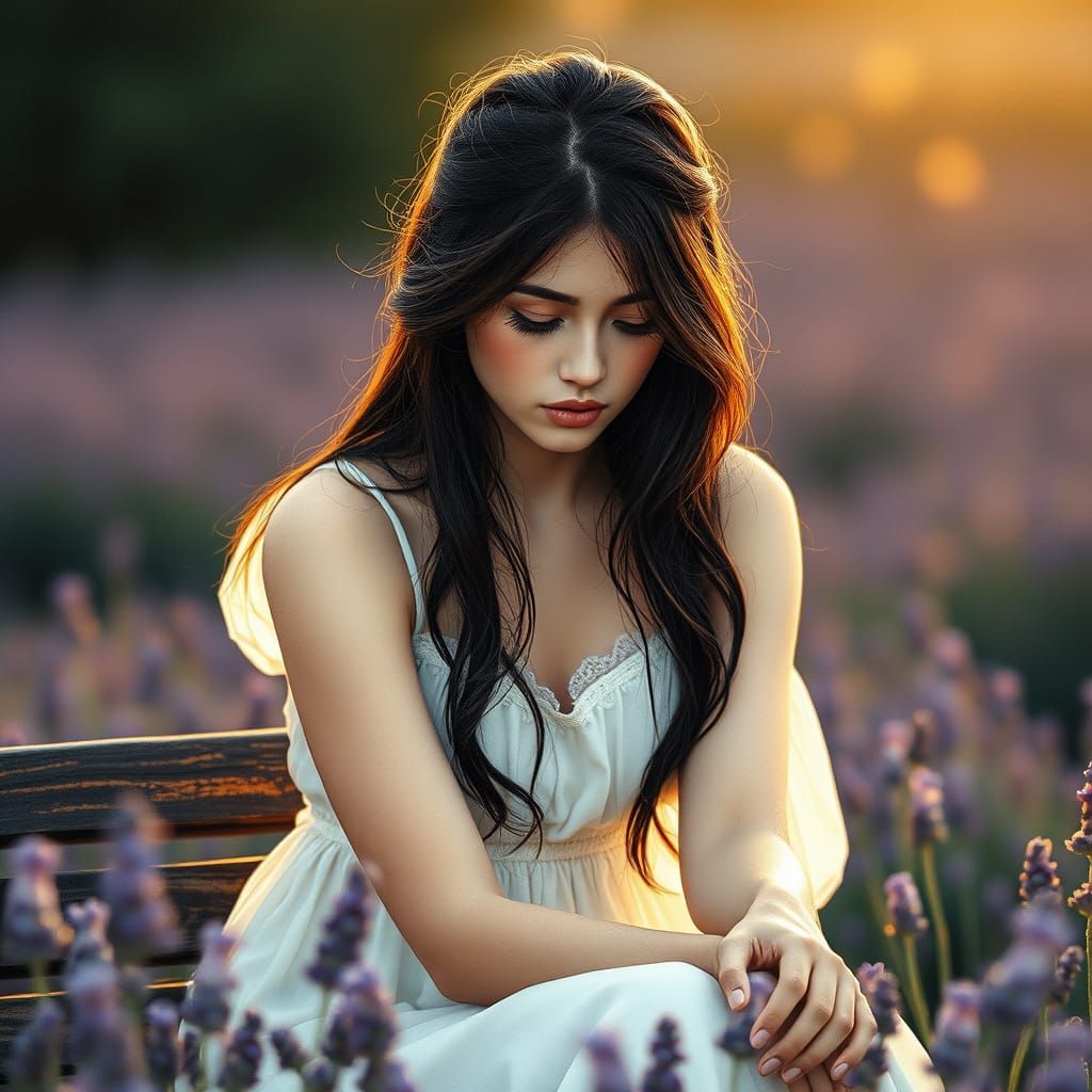 Sad Woman in Lavender Field as Oil Painting