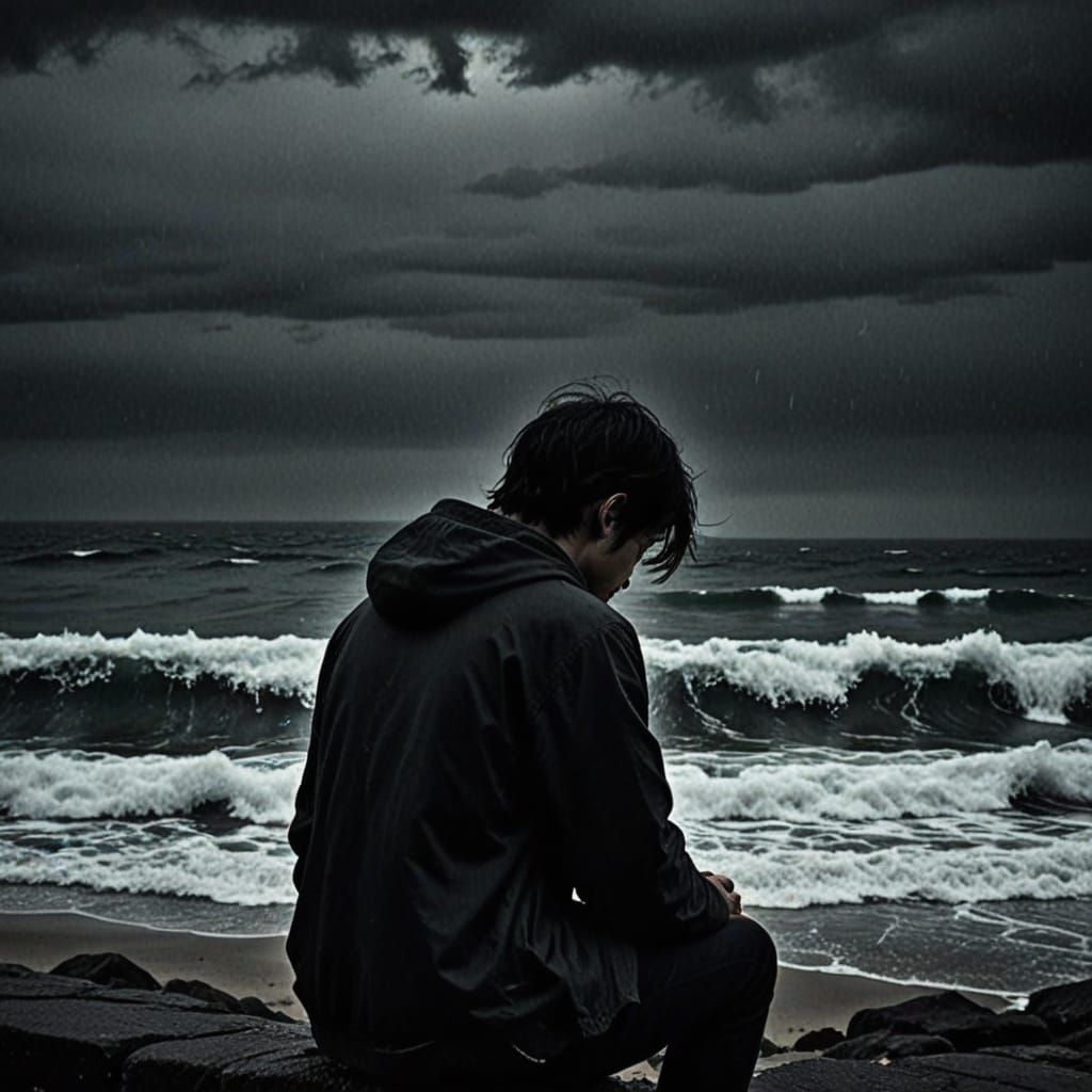 Depressed Figure Overwhelmed by Dark Ocean Waves