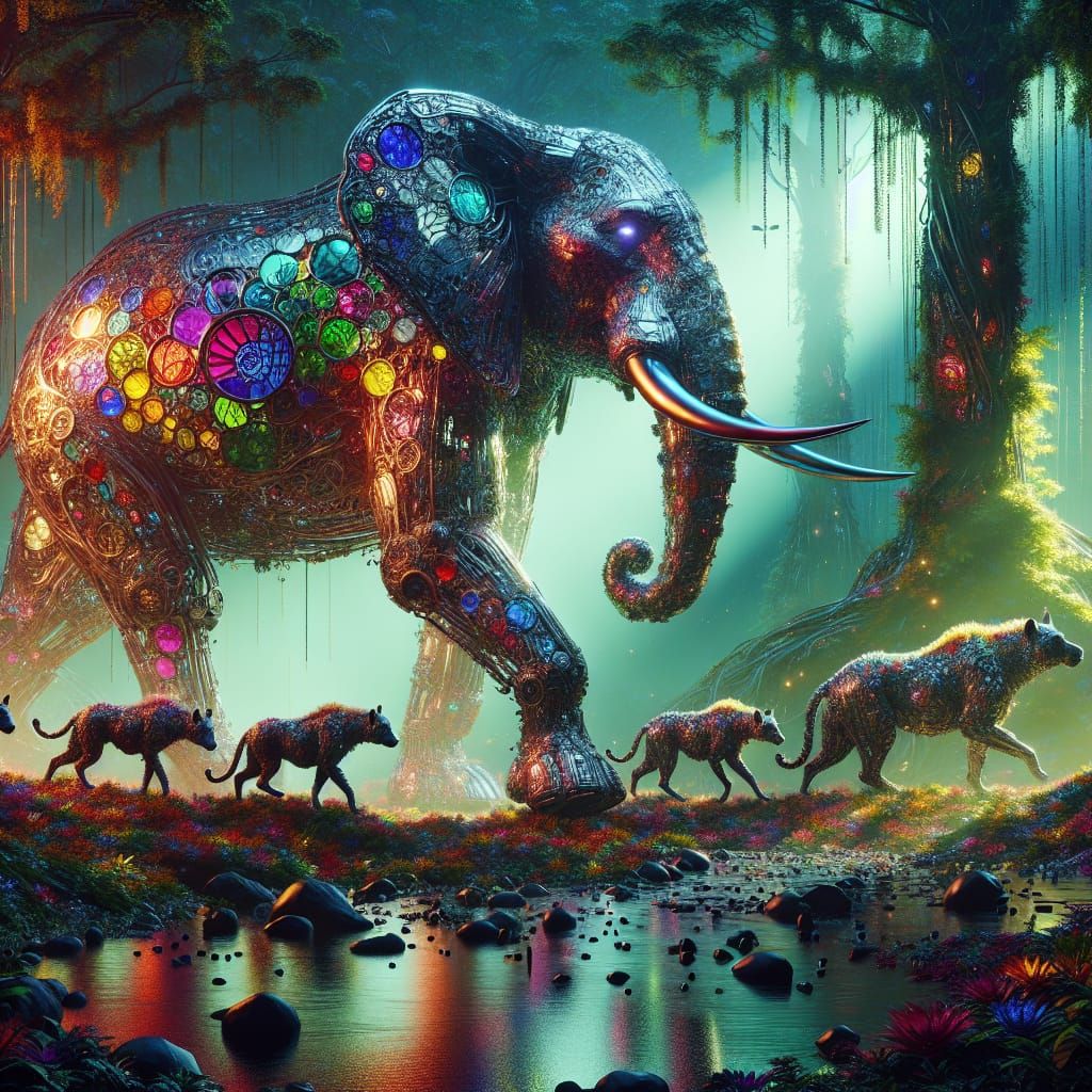 Steel Elephant in Stained Glass Jungle: Magic Realism
