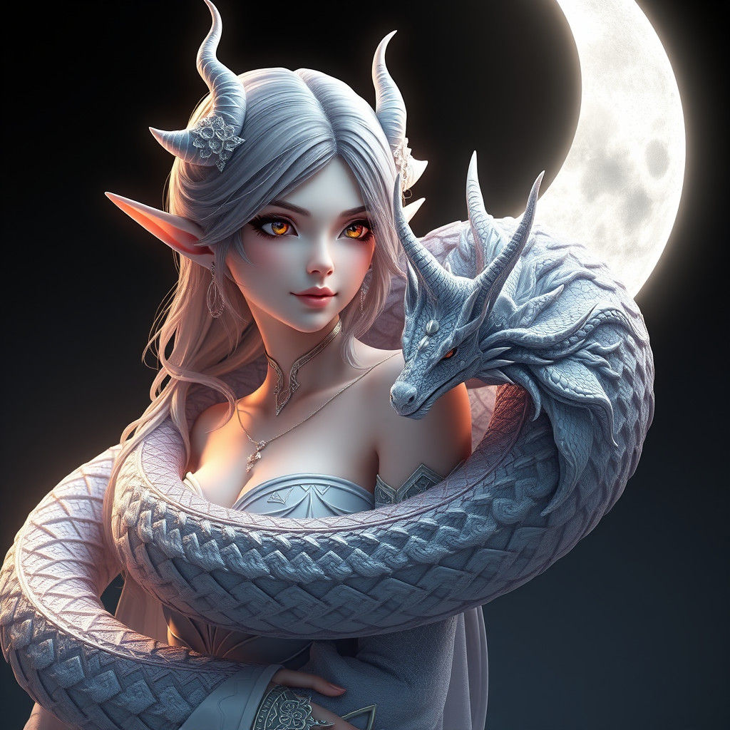 Moon Elf with Dragon: 3D Anime Art
