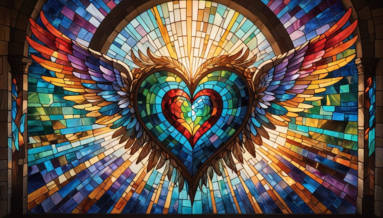 Stained Glass Rainbow Heart Illuminates Ancient Wall