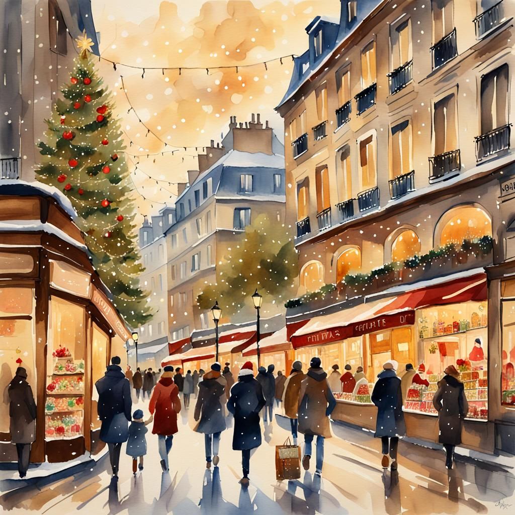Paris Christmas Shopping in Watercolor Style
